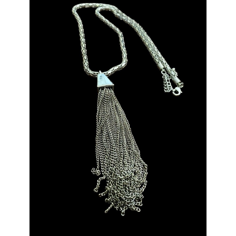 Pendant Necklace Silvertone Multi Chain Tassel Hollow Rope Chain 30"
